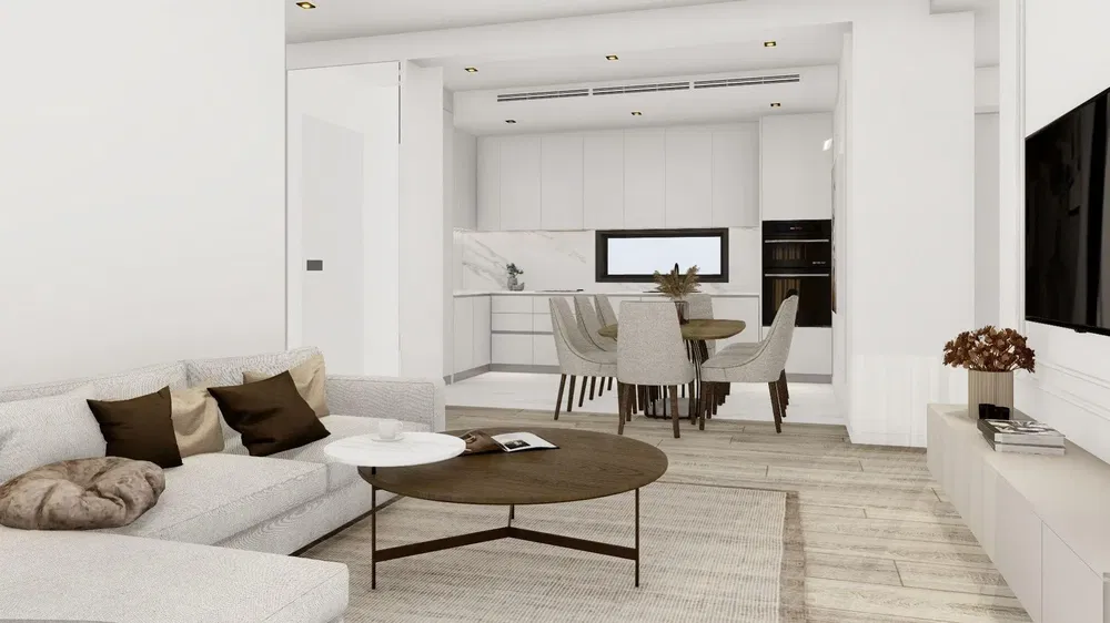 Дневна соба; модерни стил, дрвени под, природно светло, реновиран