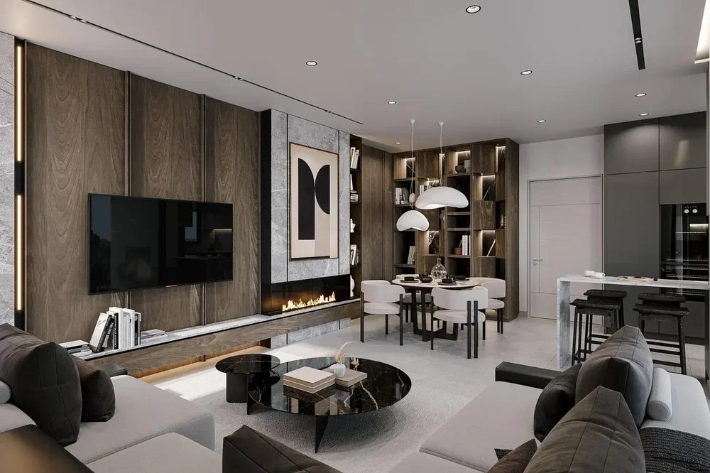 Salón; chimenea, estilo moderno, luz natural