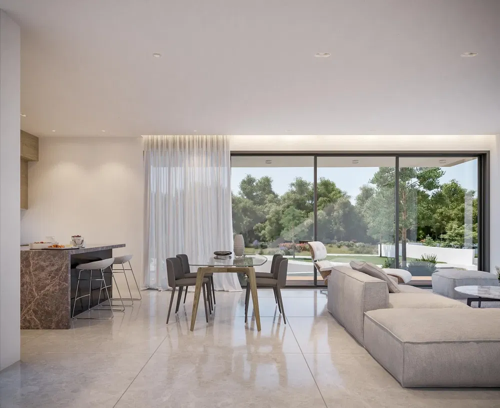 Oturma odası; manzara, doğal ışık, modern stil