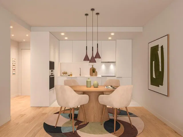 Kitchen; kitchen appliances, natural light, modern style, wood floor