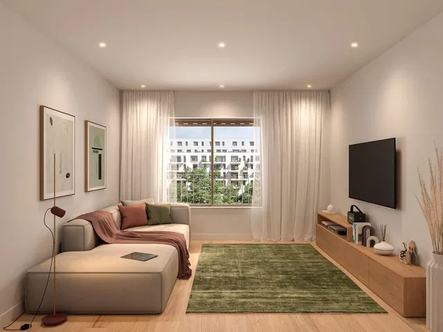 Living room; view, natural light, modern style, wood floor