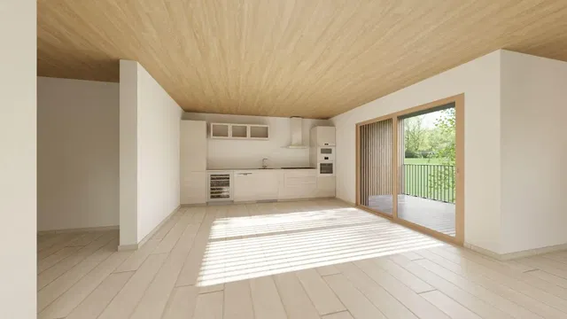 Cuisine; vue, électroménager, lumière naturelle, carrelage, style moderne