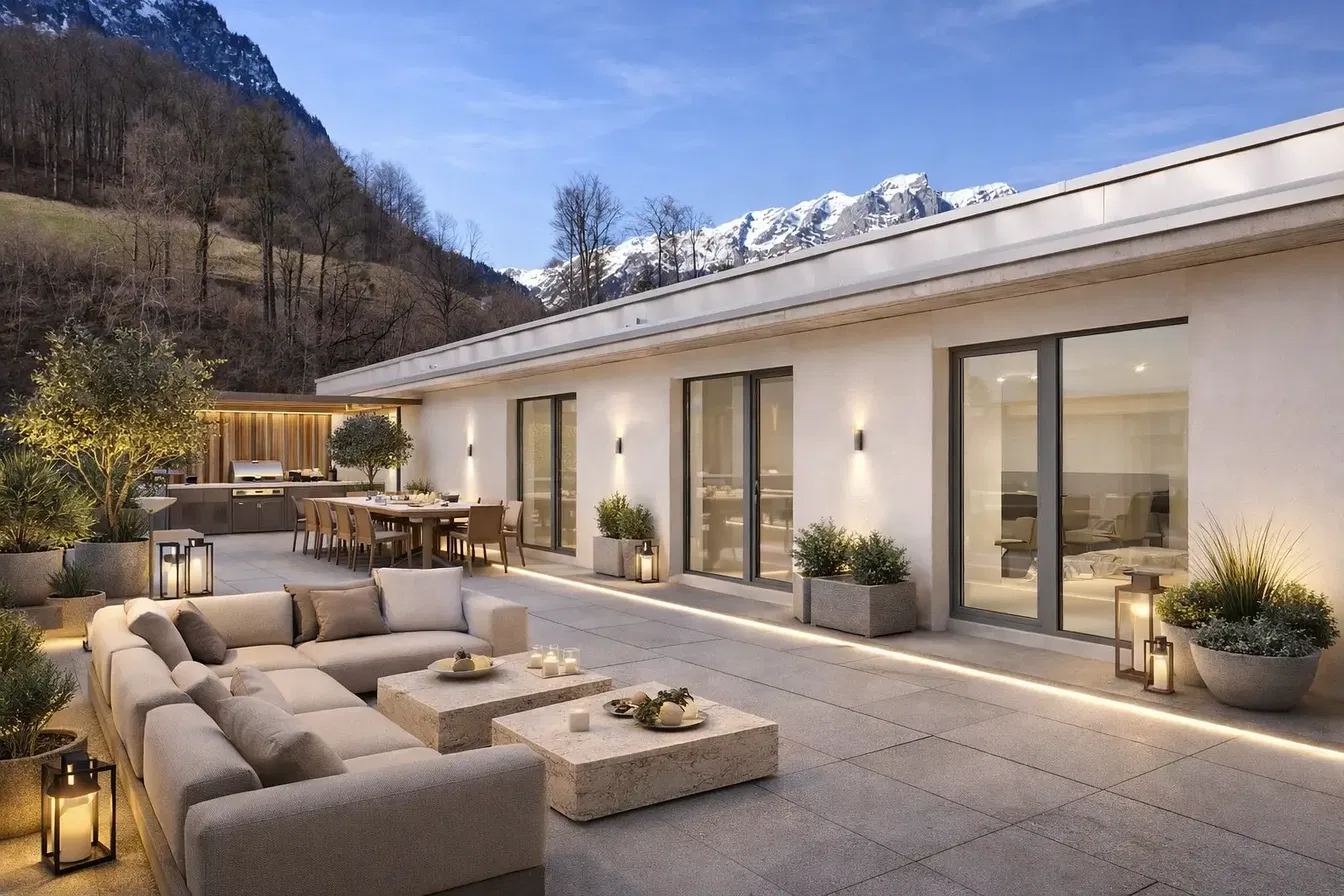 Terrasse; blick, tageslicht, moderner stil