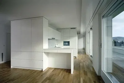 Küche; blick, holzboden, tageslicht, moderner stil