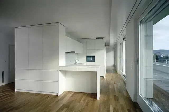 Küche; blick, holzboden, tageslicht, moderner stil