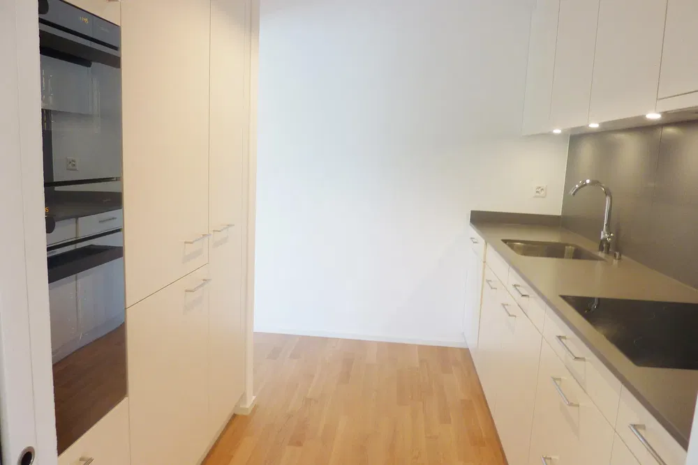 Küche; küchengeräte, holzboden, renoviert, tageslicht, moderner stil