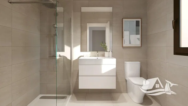 Bagno; pavimento in piastrelle, luce naturale, stile moderno