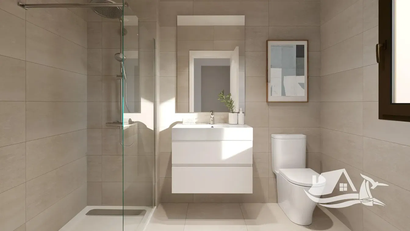 Banyo; fayans zemin, doğal ışık, modern stil