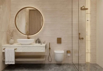 Salle de bain; carrelage, rénové, lumière naturelle, style moderne
