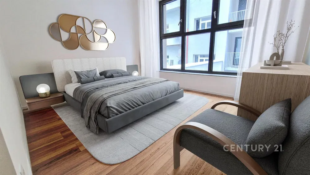 Camera da letto; luce naturale, stile moderno, pavimento in legno