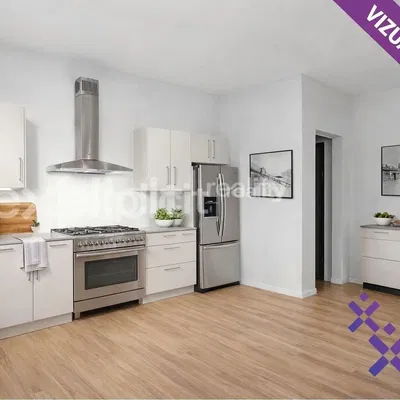 Keuken; keukenapparatuur, moderne stijl, gerenoveerd, natuurlijk licht, houten vloer