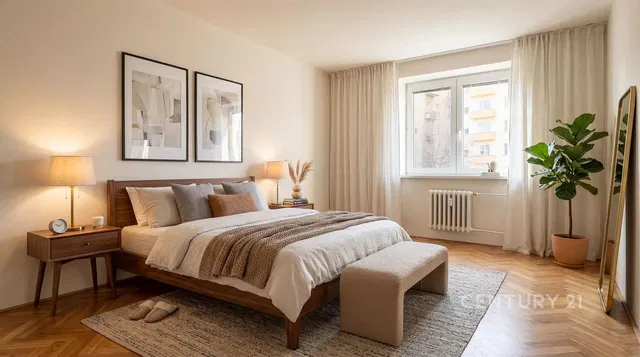 Schlafzimmer; holzboden, tageslicht, moderner stil