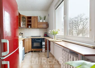 Mutfak; mutfak aletleri, manzara, fayans zemin, doğal ışık