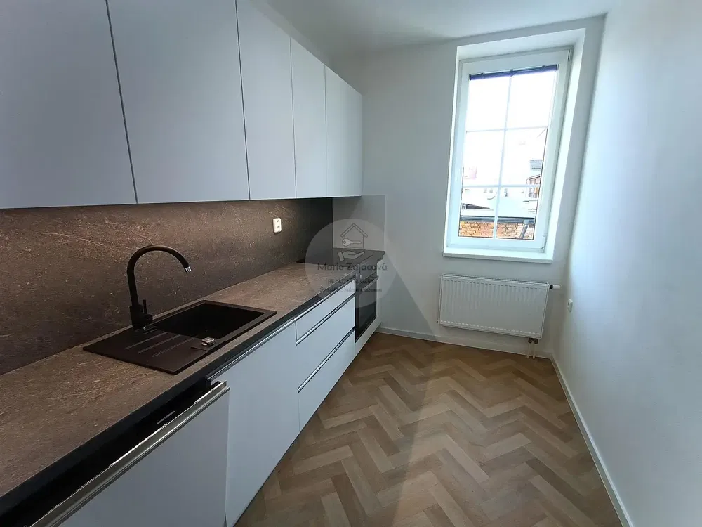 Cuisine; électroménager, lumière naturelle, style moderne, parquet, rénové