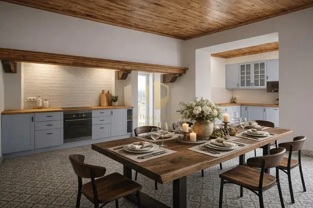 Keuken; houten balken, houten vloer, natuurlijk licht, rustieke stijl