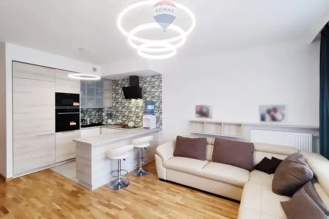 Living room; wood floor, modern style, natural light, kitchen appliances