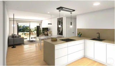 Küche; blick, küchengeräte, tageslicht, moderner stil, holzboden