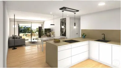 Küche; blick, küchengeräte, tageslicht, moderner stil, holzboden