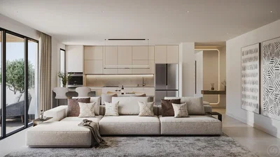 Oturma odası; manzara, doğal ışık, modern stil