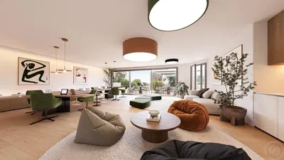 Wohnzimmer; tageslicht, moderner stil, holzboden