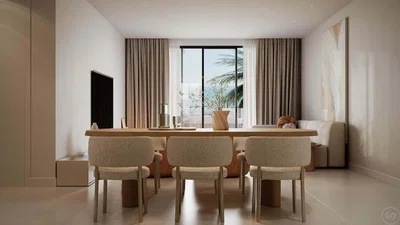 Yemek odası; manzara, doğal ışık, modern stil