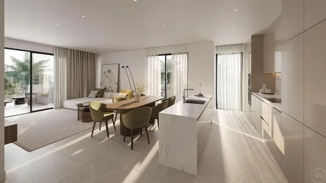 Living room; view, kitchen appliances, natural light, modern style, tile floor