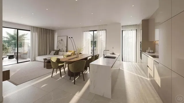 Living room; view, kitchen appliances, natural light, modern style, tile floor
