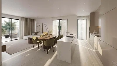 Oturma odası; manzara, mutfak aletleri, doğal ışık, modern stil, fayans zemin