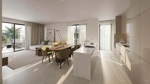 Living room; view, kitchen appliances, natural light, modern style, tile floor