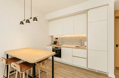 Kuchyně; moderní styl, po rekonstrukci, dřevěná podlaha, přirozené světlo