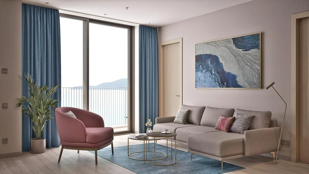 Oturma odası; manzara, doğal ışık, modern stil