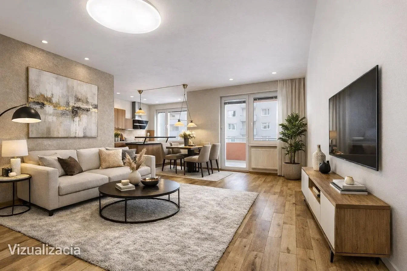 Obývací pokoj; přirozené světlo, moderní styl, dřevěná podlaha