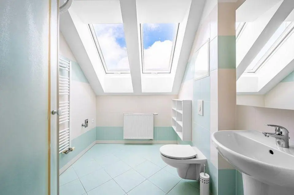 Toilette; fliesenboden, tageslicht