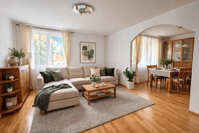 Salon; światło dzienne, podłoga drewniana, styl nowoczesny, widok