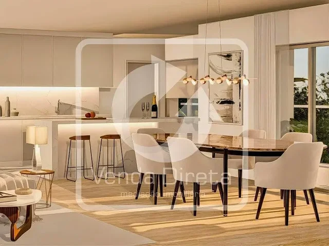 Kitchen; view, kitchen appliances, natural light, modern style, wood floor
