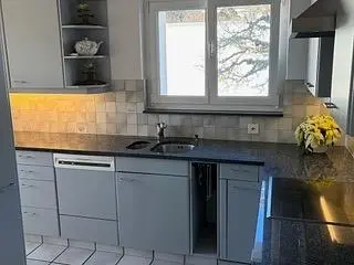 Cuisine; électroménager, carrelage, lumière naturelle