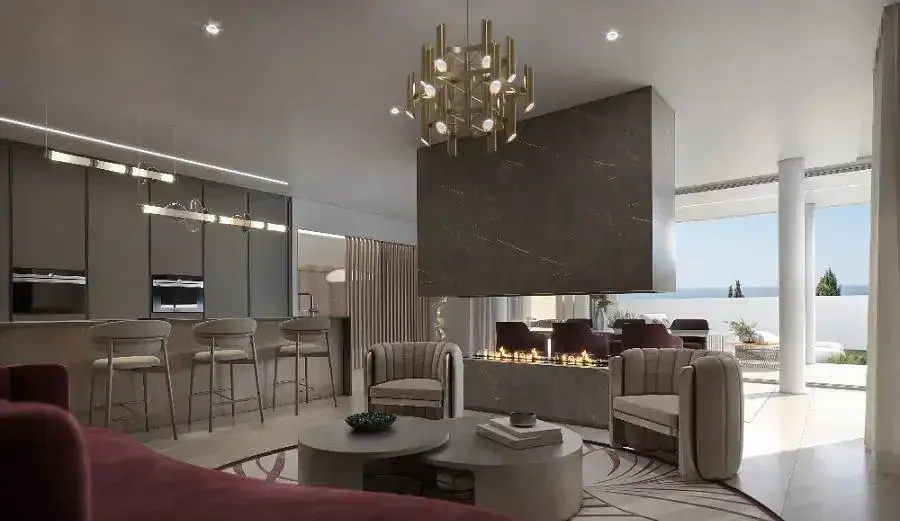 Oturma odası; manzara, şömine, doğal ışık, modern stil