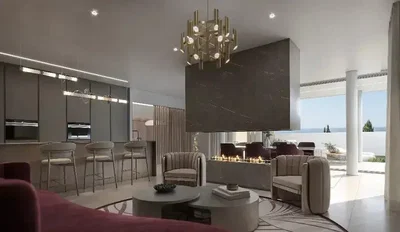 Oturma odası; manzara, şömine, doğal ışık, modern stil