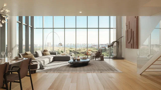 Sala de estar; vista, chão de madeira, luz natural, estilo moderno