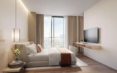Bedroom; view, natural light, modern style, wood floor