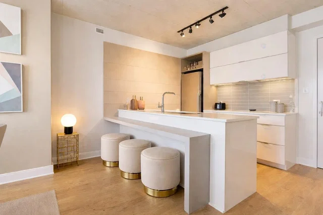 Kitchen; kitchen appliances, modern style, wood floor, natural light, renovated