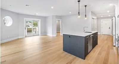 Kuchyně; přirozené světlo, dřevěná podlaha, kuchyňské spotřebiče