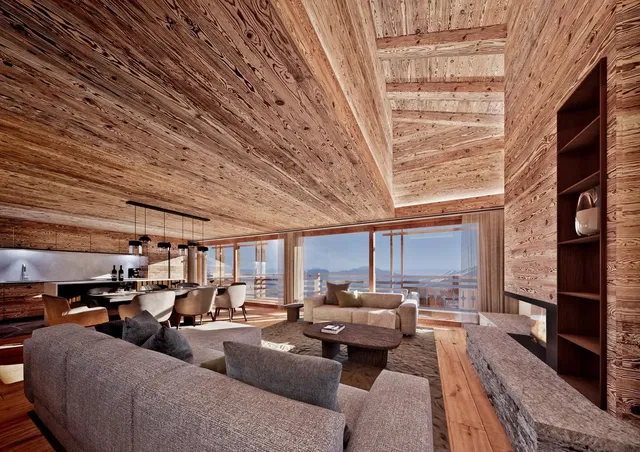 Living room; view, wood beams, wood floor, natural light, modern style