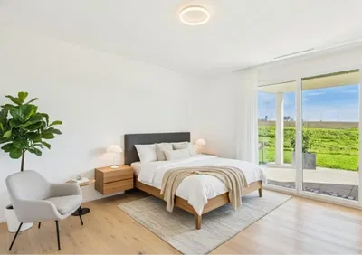 Schlafzimmer; tageslicht, holzboden, moderner stil, blick