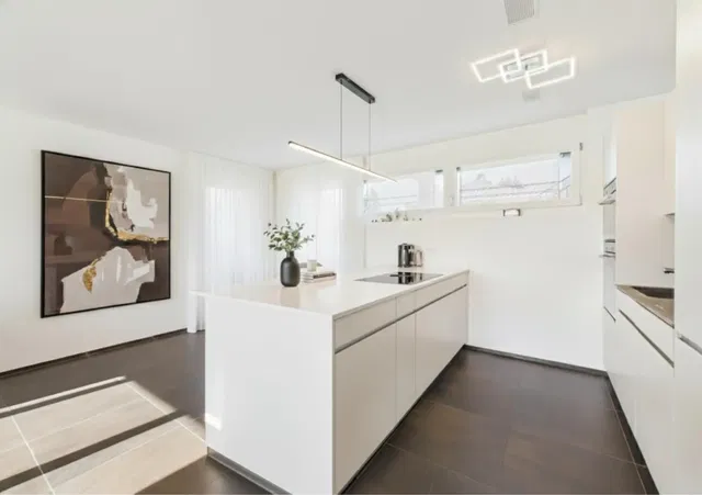 Kitchen; modern style, tile floor, natural light, renovated