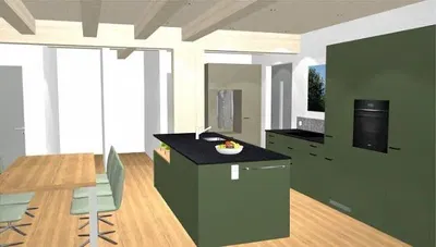 Cucina; pavimento in legno, elettrodomestici, luce naturale