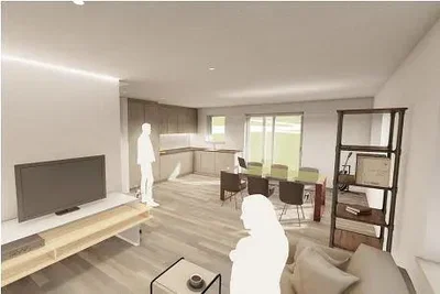 Soggiorno; luce naturale, pavimento in legno, stile moderno
