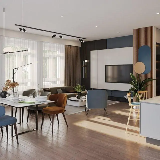 Wohnzimmer; tageslicht, moderner stil, holzboden