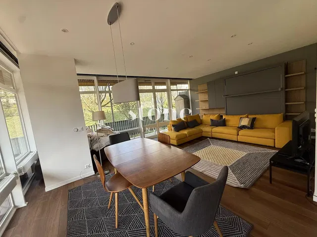 Living room; view, wood floor, natural light, modern style