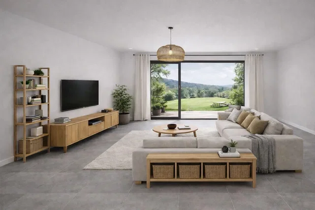 Living room; view, natural light, modern style, tile floor